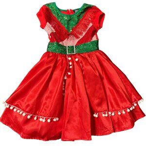 Jojos Closet Red & Green Holiday Dress With Pom Pom Trim Girls 4/5 (XS)